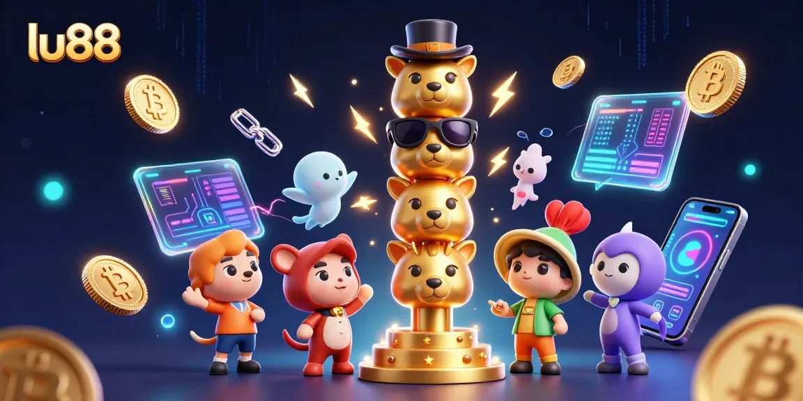 Engage with lu88's vibrant 3D casino illustration showcasing cryptocurrency excitement and dynamic game elements.