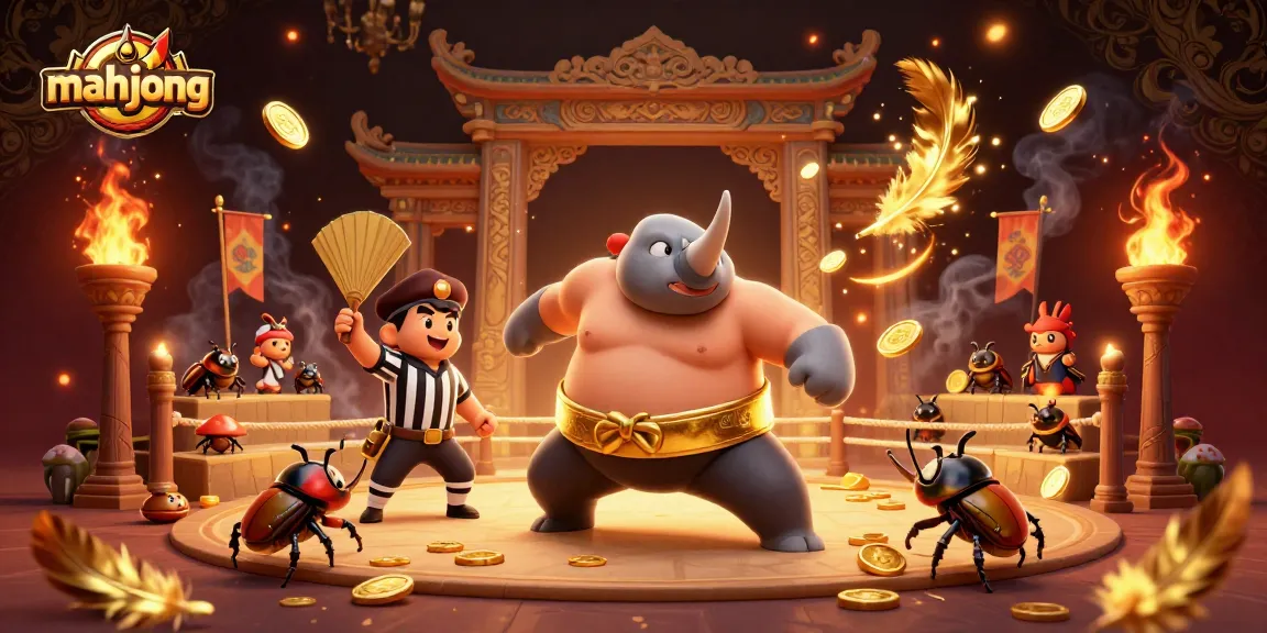 Engage in mahjong strategies with our vibrant casino action featuring beetle champions and golden coins.