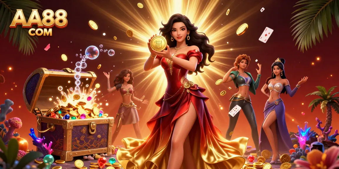 Experience thrilling wins with AA88 COM featuring a stunning Asian woman celebrating victories amidst a wealth of golden treasures.