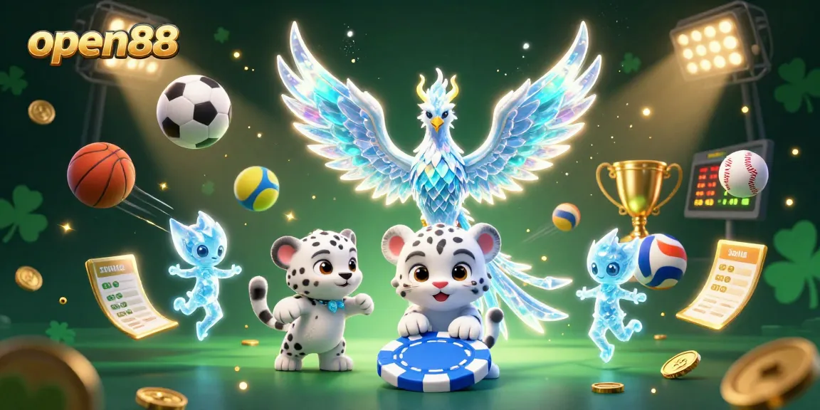 Win big at open88 with a vibrant digital illustration showcasing a phoenix, sports elements, and winning excitement!