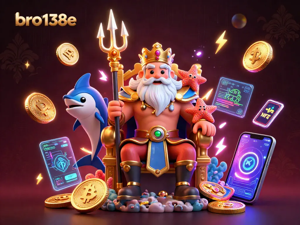 Engage with bro138e in this vibrant 3D scene featuring Neptune and cryptocurrency elements.