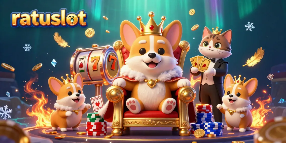 Engage with ratuslot's majestic corgi alongside a cat butler in a lively casino scene, showcasing slot reels.
