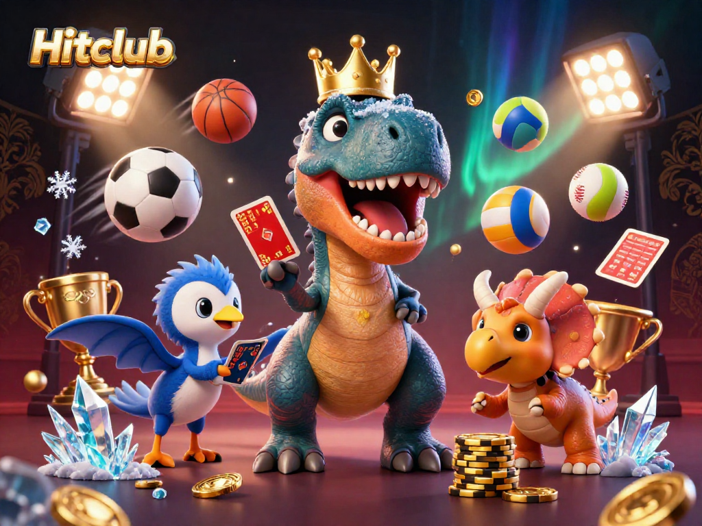 Hitclub showcases a vibrant scene of a T-Rex and friends engaging in dynamic betting with colorful sports elements.