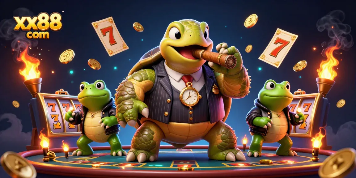 Experience exciting gameplay at xx88 com with a fun casino scene featuring a snapping turtle and bullfrog enforcers.