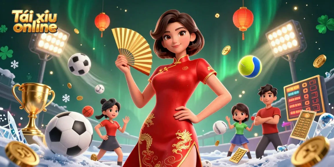Experience Tài xỉu online with a dazzling Asian woman surrounded by festive elements and dynamic game symbols.