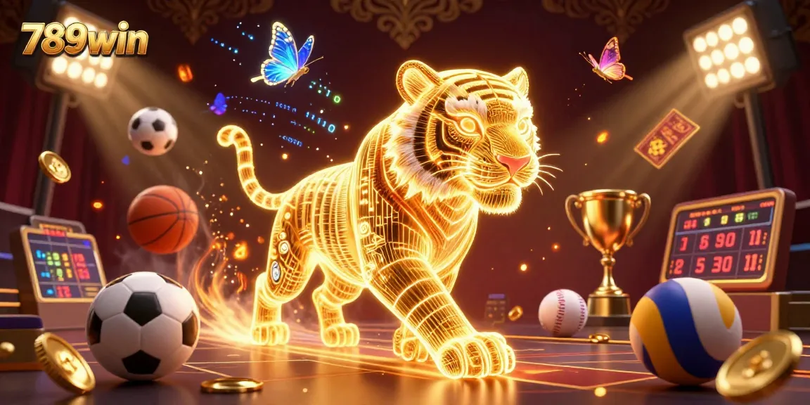 Experience thrilling gameplay with 789win's vibrant casino universe, featuring a neon golden tiger amidst sports elements.