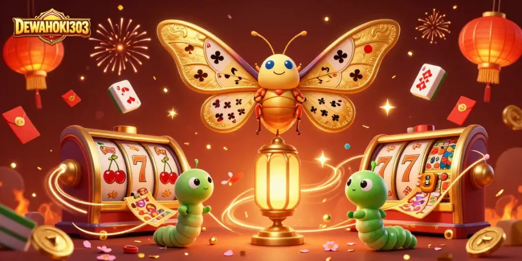 DEWAHOKI303 menghadirkan slot reels dan simbol keberuntungan dalam ilustrasi kasino yang memukau.