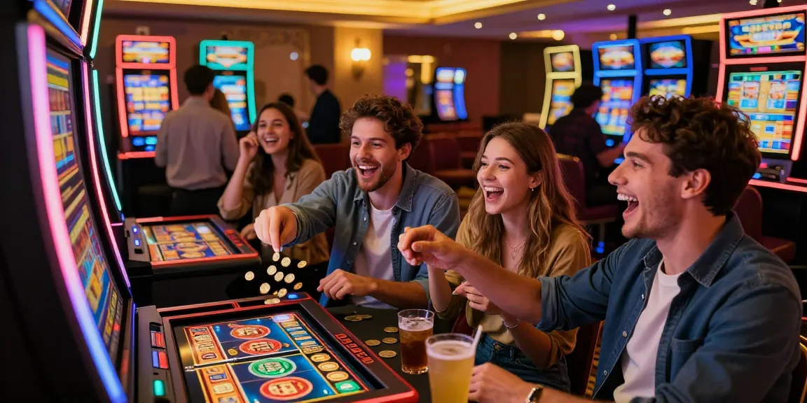 Friends celebrating at a slot88 machine in a vibrant casino setting.