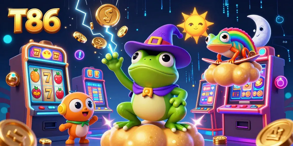 Experience T86 with a vibrant 3D illustration of a weather wizard frog, golden coins, and casino elements.