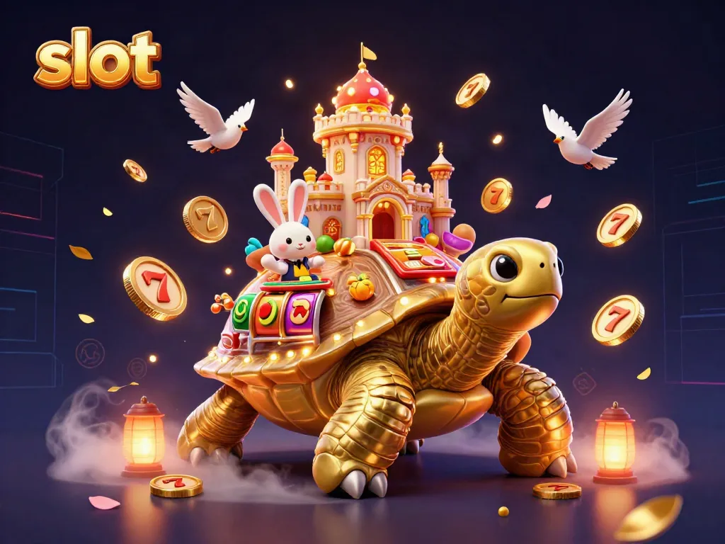 Engaging slot scene with golden tortoise and rabbit dealer amidst dynamic casino elements.