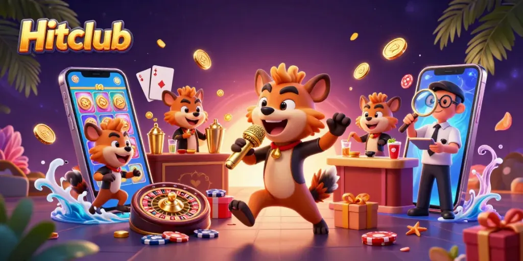 Experience the excitement of Hitclub with animated hyenas in a vibrant casino scene, showcasing games and lively action.