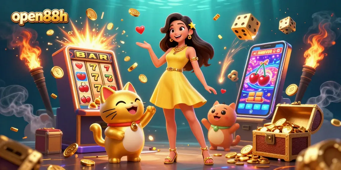 Play exciting games at open88h with a beautiful scene of a cheerful woman and golden lucky cat.