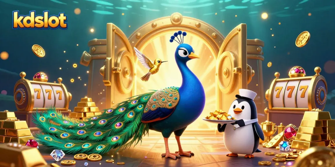 Kdslot showcases a rich 3D illustration with aristocratic peacock and gaming elements, embodying fun online gaming.