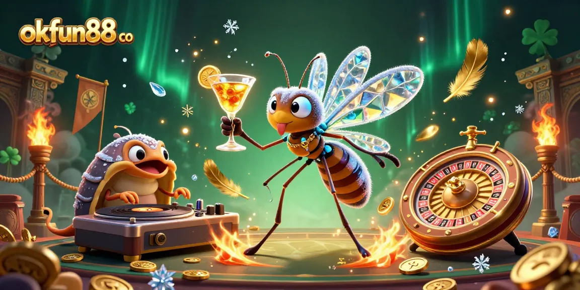 Engage with okfun88 co's dynamic casino scene featuring a lively frozen mosquito mascot and thrilling gameplay elements.