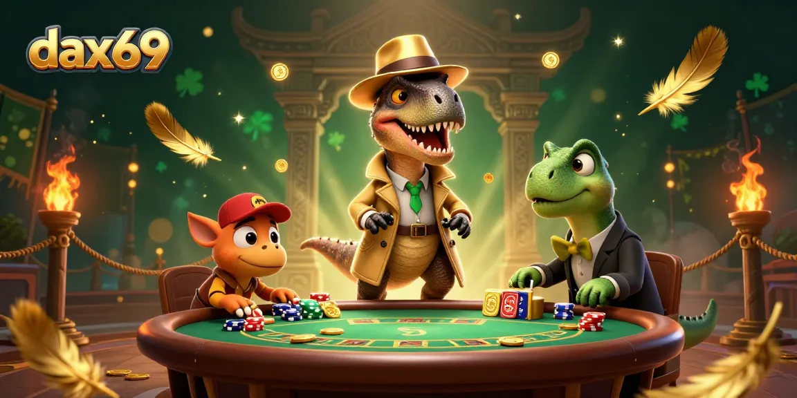 Menggoda taruhan di meja blackjack dengan dax69, velociraptor dan stegosaurus dalam ilustrasi 3D yang menawan.