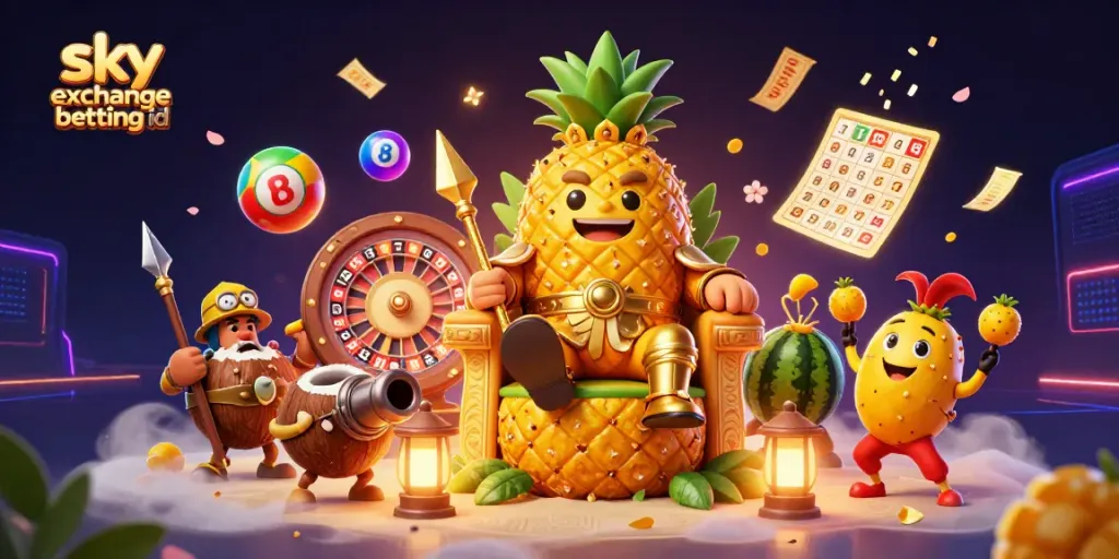 Engaging scene of the sky exchange betting id with a pineapple king on his throne surrounded by dynamic gaming symbols.