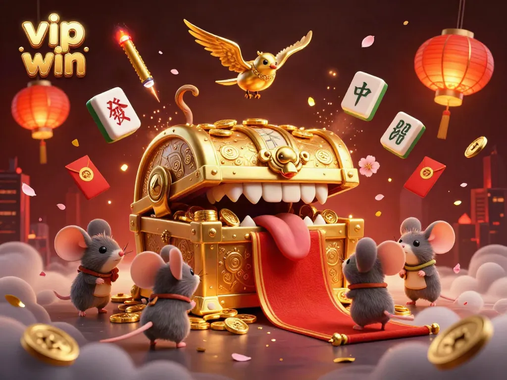 Capture the excitement of the vip win gaming experience featuring a vibrant casino scene filled with treasures and festive elements.