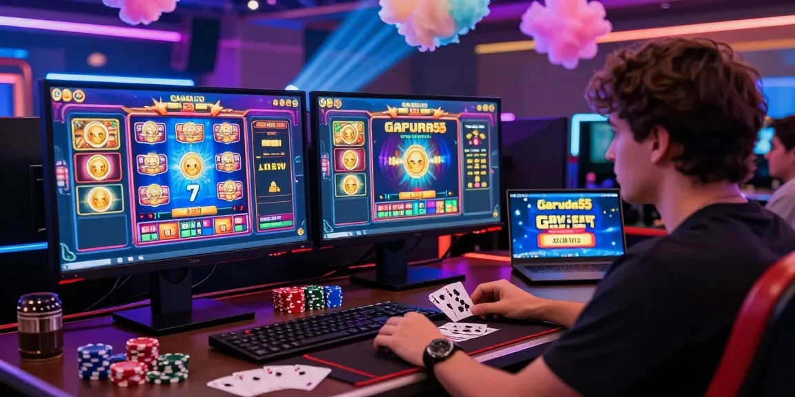 Player engaging with slot games on https://garuda55.com/ in a vibrant online gaming setup.