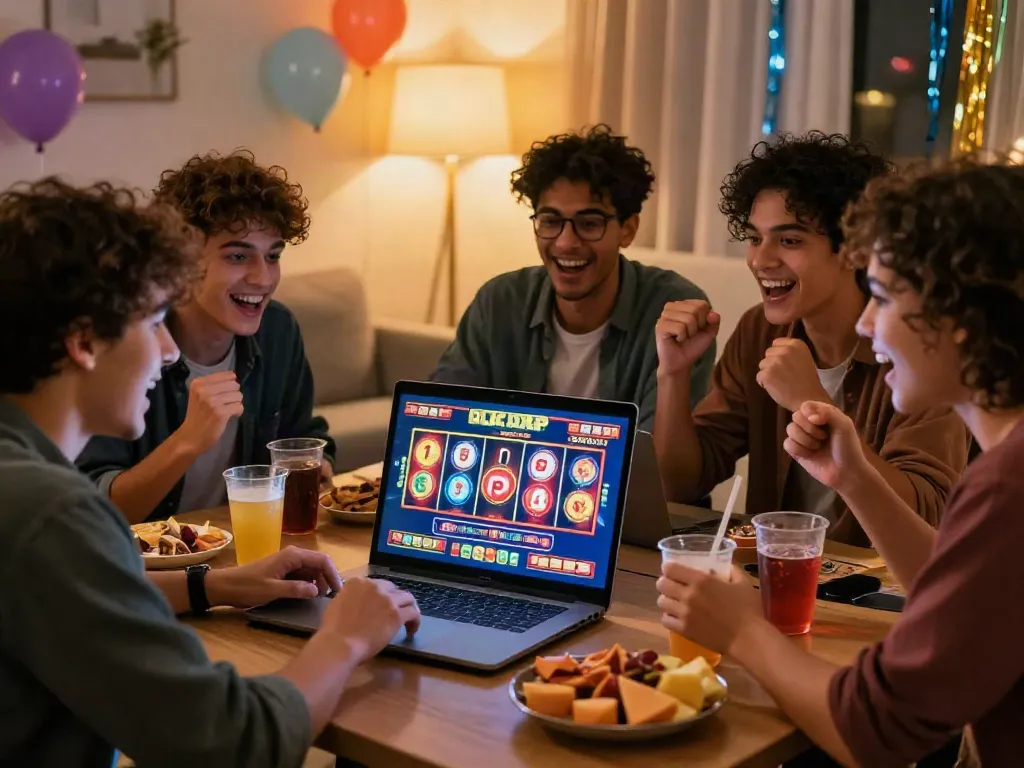 Excited friends watching a slot jackpot game on laptop in a cozy setting, celebrating camaraderie and gaming thrill.
