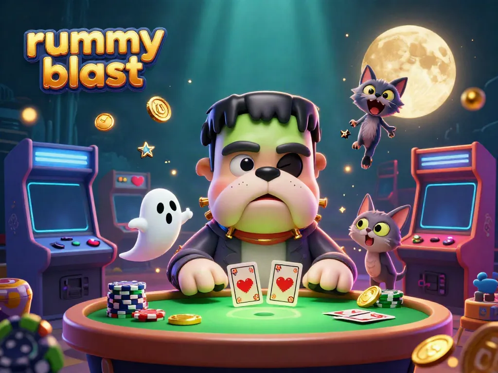 Engage in thrilling rummy blast gameplay with animated characters and vibrant casino elements.