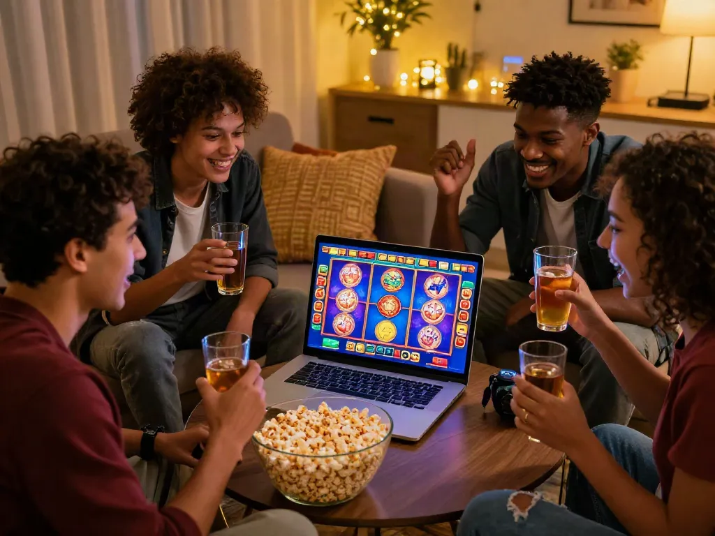 Friends enjoying a lively slot game session in a cozy living room.