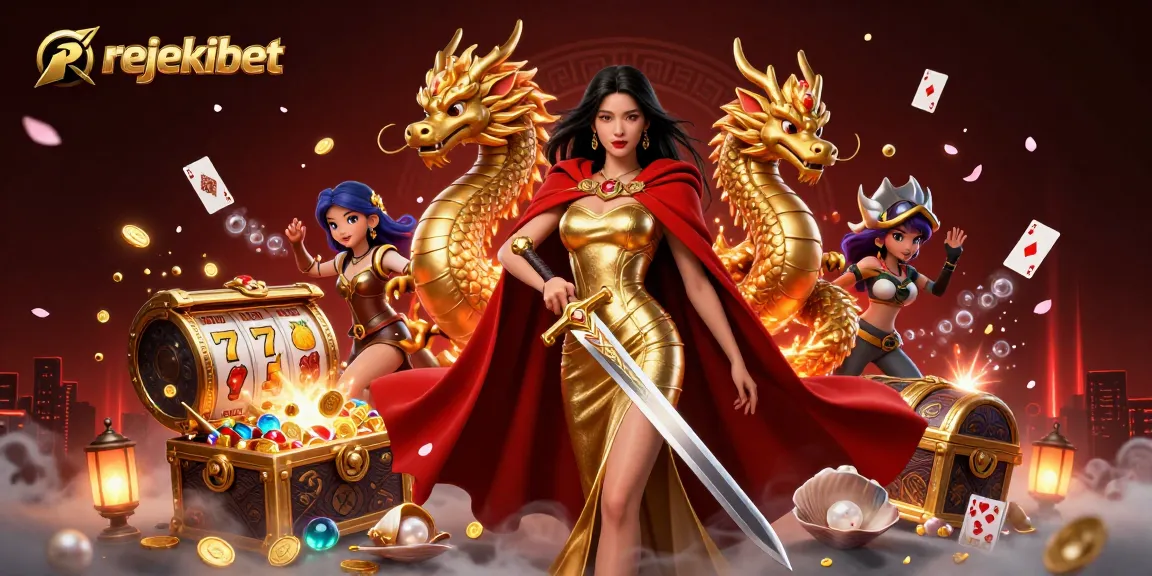 Experience rejekibet's thrilling online slot games as the warrior queen commands riches in this vibrant casino illustration.