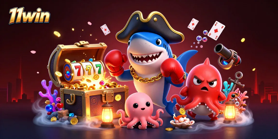 Join the 11win adventure with vibrant gaming characters and treasures in a captivating casino scene.