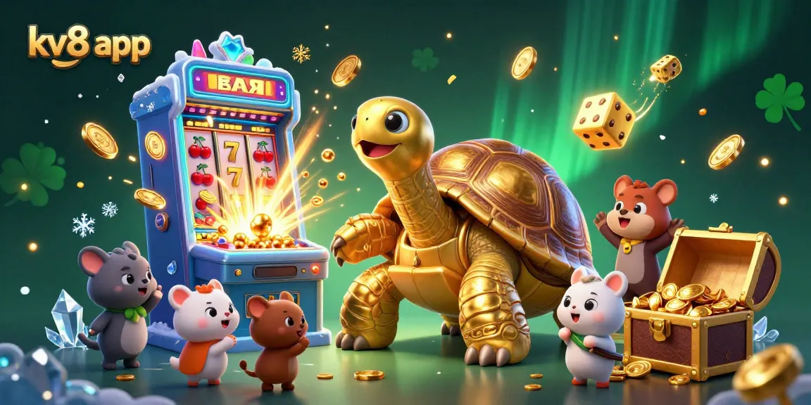 Exciting scene of the KV8 app featuring a golden tortoise pinball machine with animated casino elements.