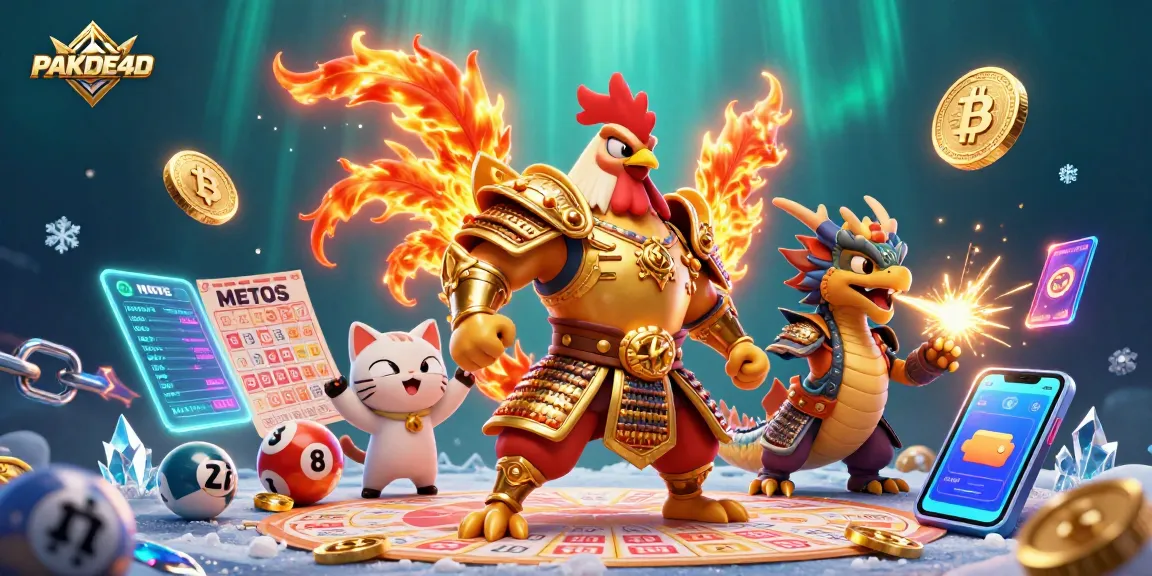 Maskot ceria dan ayam petarung menunjukkan tips angka hoki PAKDE4D yang bermanfaat untuk pemain togel Macau.
