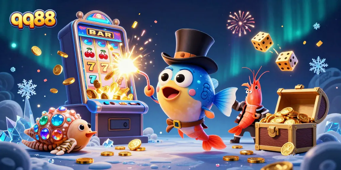 Engage with captivating slots at qq88 while a deep-sea anglerfish attracts golden coins amidst casino excitement.