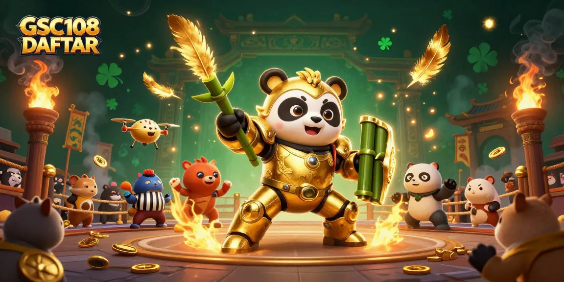 Join the thrilling action in GSC108 DAFTAR featuring a mech-suited panda in a vibrant casino arena.