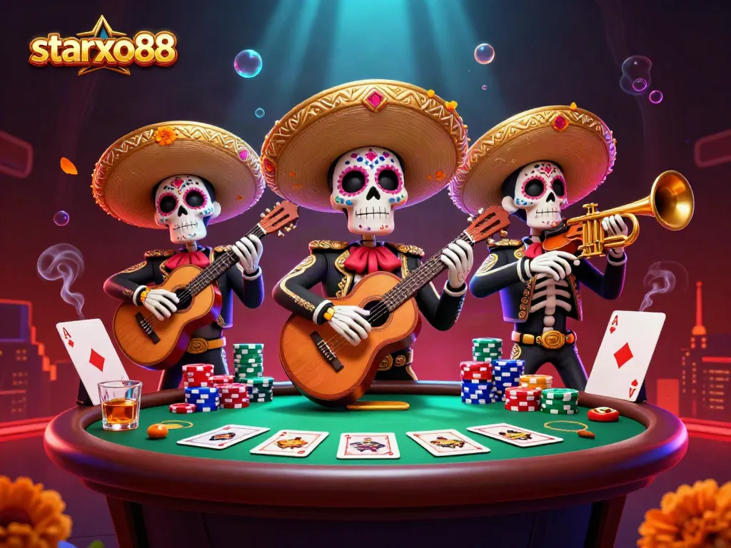 Engage with starxo88 at a vibrant casino scene showcasing a mariachi band and poker elements.