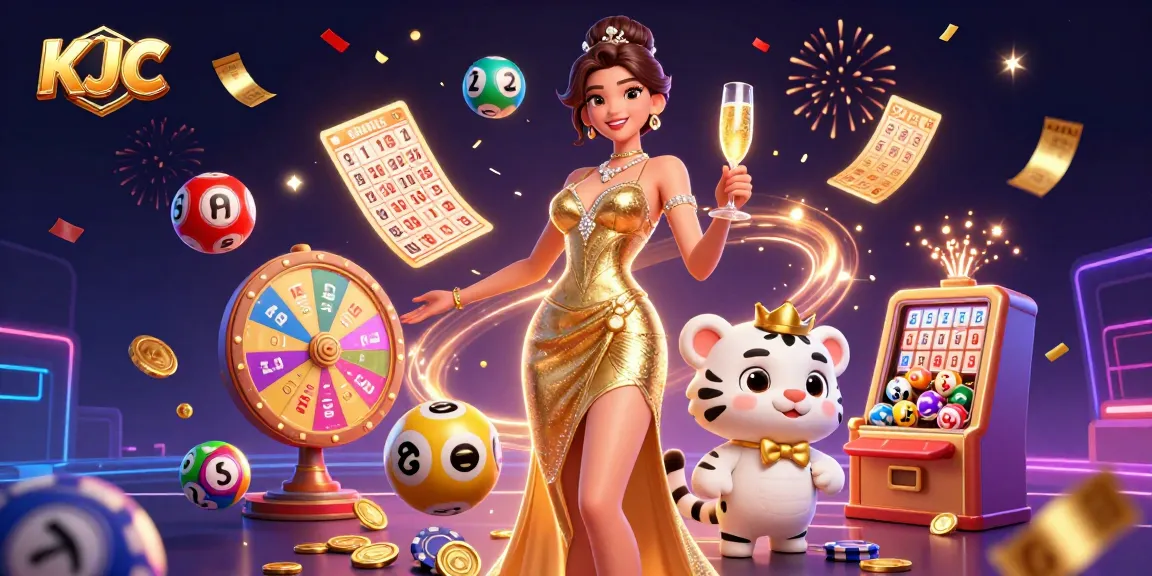 Experience KJC's captivating gaming scene featuring vibrant lottery elements and a glamorous hostess.