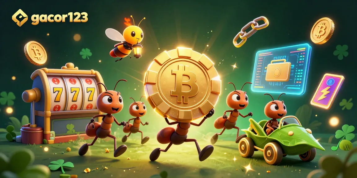 Experience thrilling wins at gacor123 with a team of ants carrying a giant poker chip through a vibrant casino.