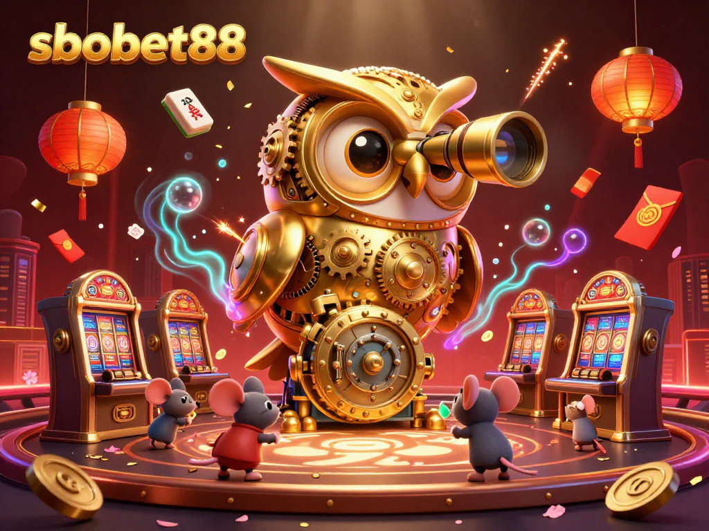 Experience sbobet88 excitement with a vibrant casino scene featuring a golden owl and animated characters.